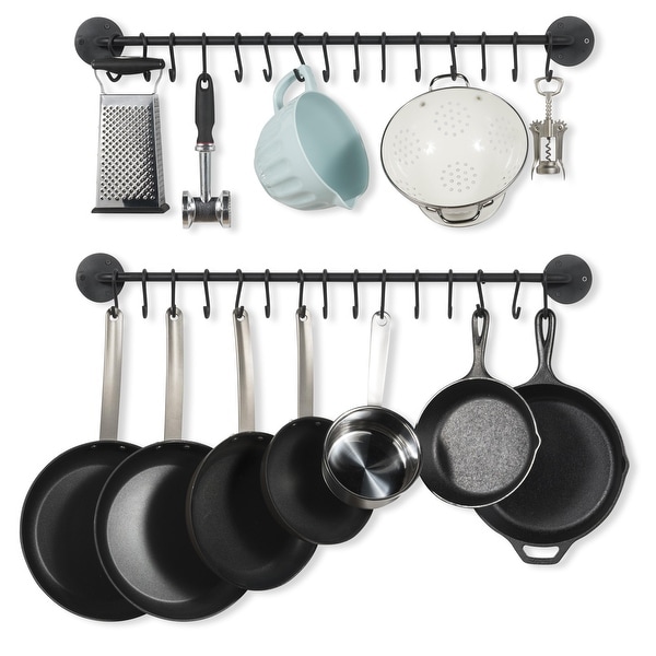 Wallniture Delux 33" Iron Pot Rack Set of 2, Cooking Utensil Holder with 30 S Hooks, Black. Opens flyout.