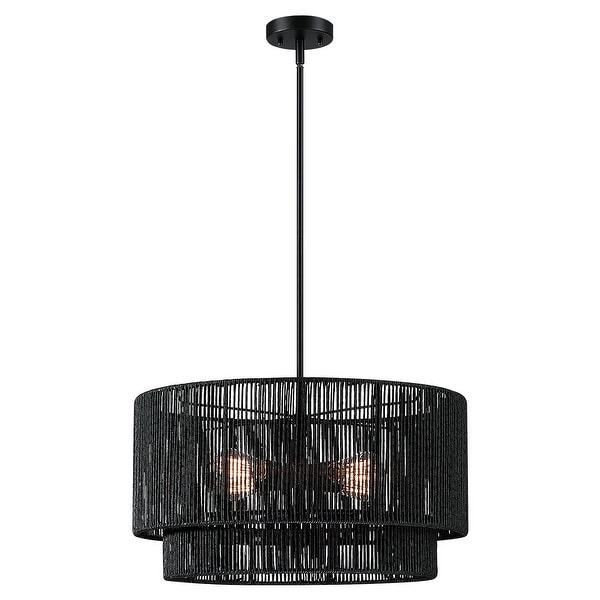 Cynthia 4-Light Black Rattan Drum Chandelier Light - 22''W - On