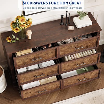 6 Drawer Dresser, Farmhouse Large Chest with Metal Handles, Rustic Wood Storage Cabinet for Bedroom