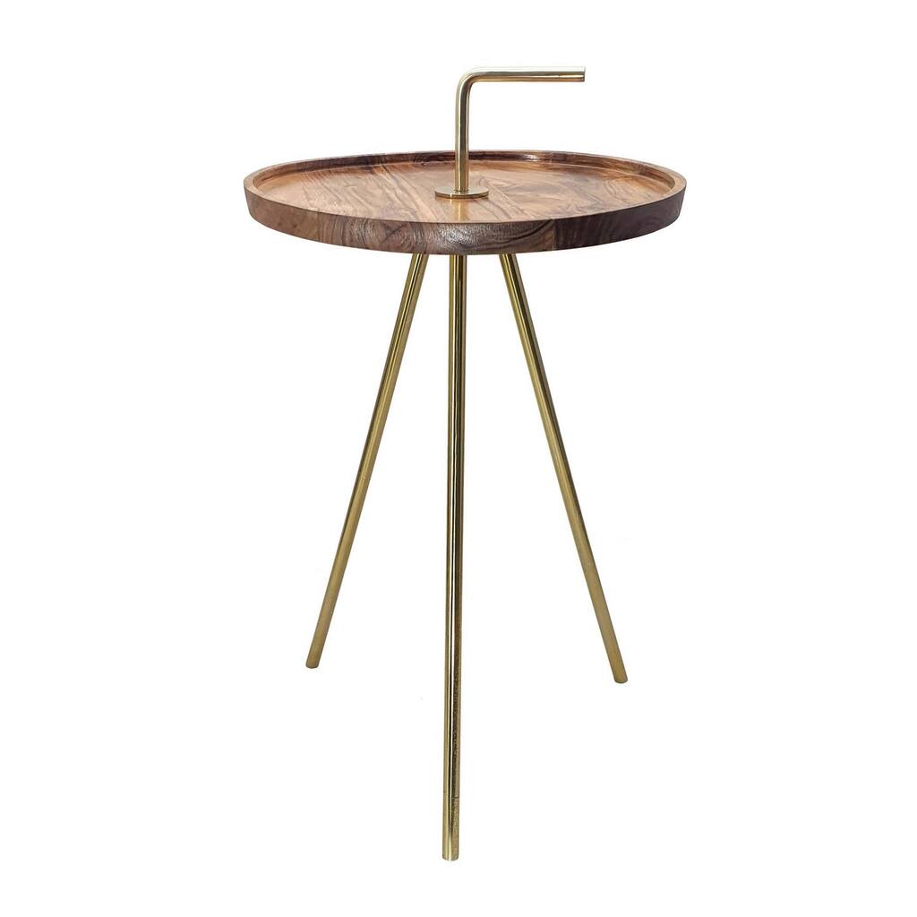 Skye 24 Inch Side Table, Round Wood Tabletop, Modern, Tri Metal Legs, Brown