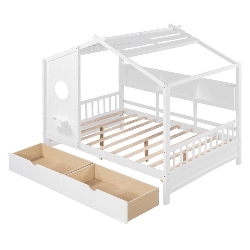 Full Size House Bed with 2 Drawers and Storage Shelf, White