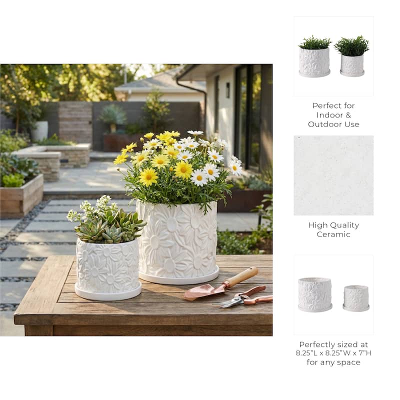Decorative Ceramic Daisy Flower Planters - Set of 2