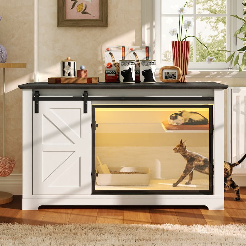 46" Farmhouse Cat Litter Box Enclosure with Sliding Barn Door, Large Hidden Acrylic Door Cat Cabienet with LED Light - White