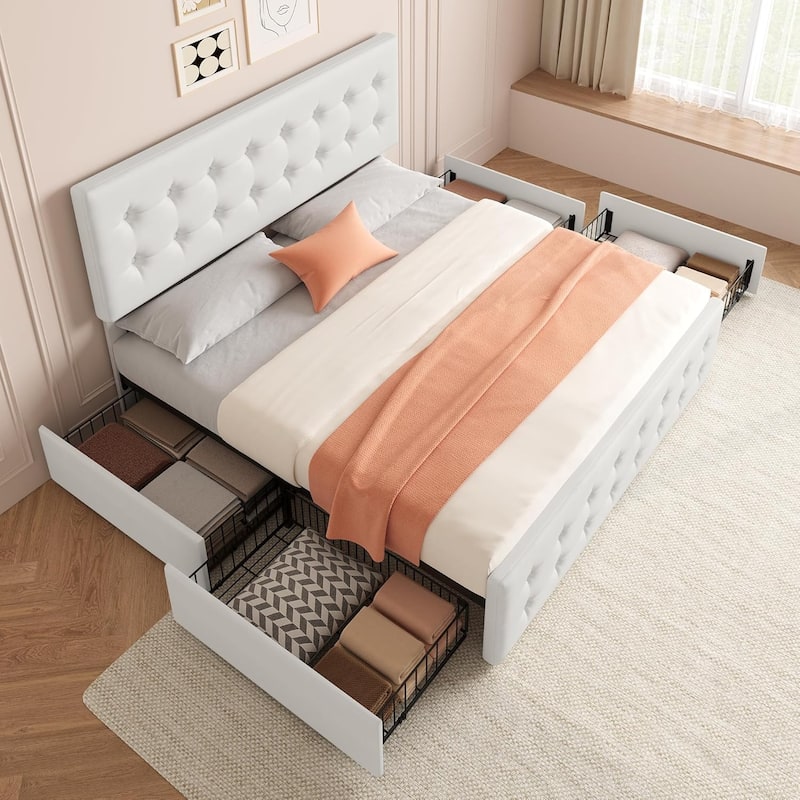 Bed Frame with Adjustable Headboard and 4 Storage Drawers