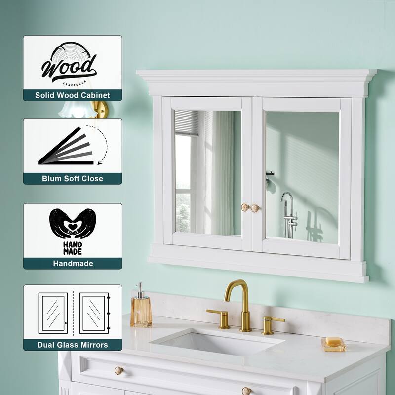 42"W X32''H Bathroom Recessed Wall-Mounted Solid Wood Framed Medicine Cabinet With Adjustable Glass Shelves - 42"W X32''H