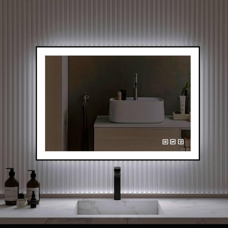 Organnice Rectangular Framed LED Anti-Fog Bathroom Wall Mirror in Black with Backlit and Front Light - 40"*24"