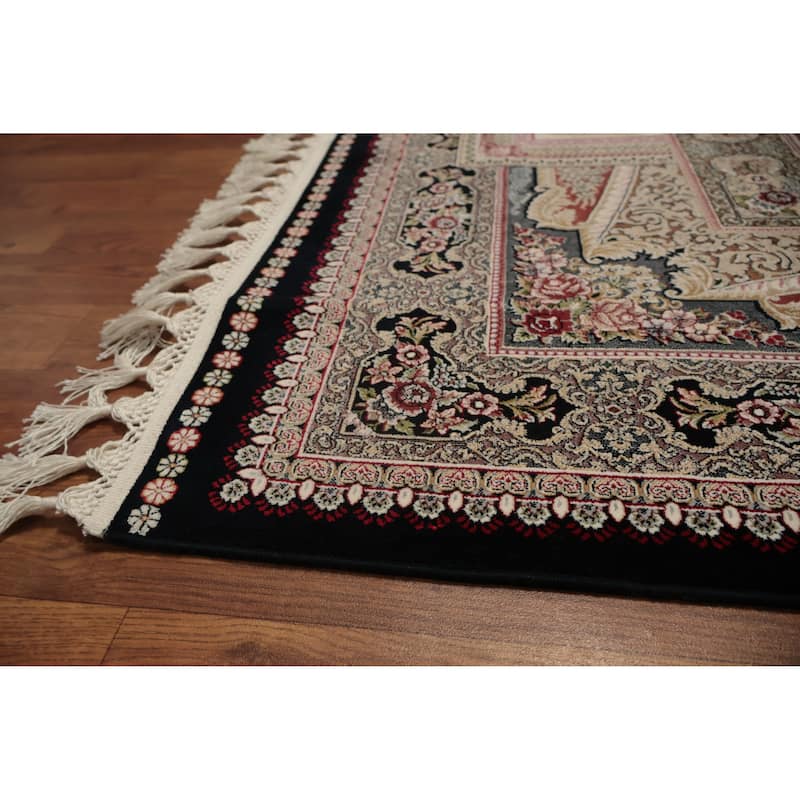Machine Made Oriental 90% Silk - 10% Polyester Carpet Traditional Medallion Navy Blue & Blues Qum Area Rug - 9' 10'' X 6' 6''