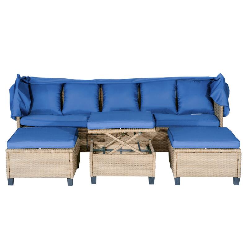 4-Piece Outdoor Wicker Patio Sofa Set with Retractable Canopy,Adjustable Table & Ottomans,UV-Resistant Cushions for Lounge