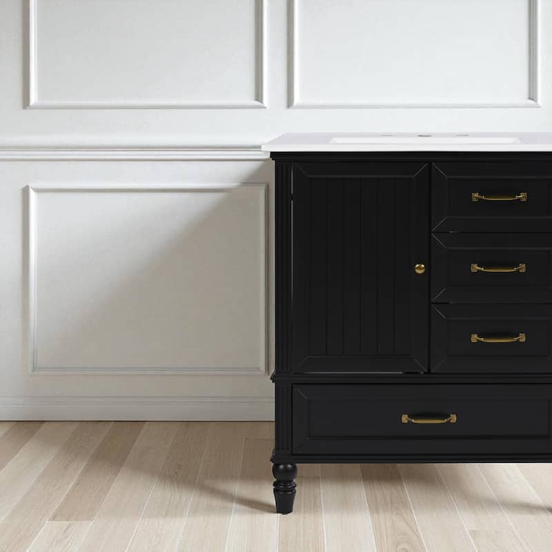 30" Bathroom Vanity with Sink, Freestanding Cabinet with 1 Door and 3 Drawers, Solid Wood Legs, MDF Structure, Soft-Close