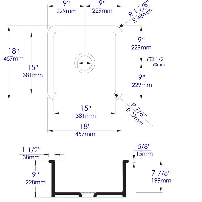 Black Matte Square 18" x 18" Undermount / Drop In Fireclay Prep Sink