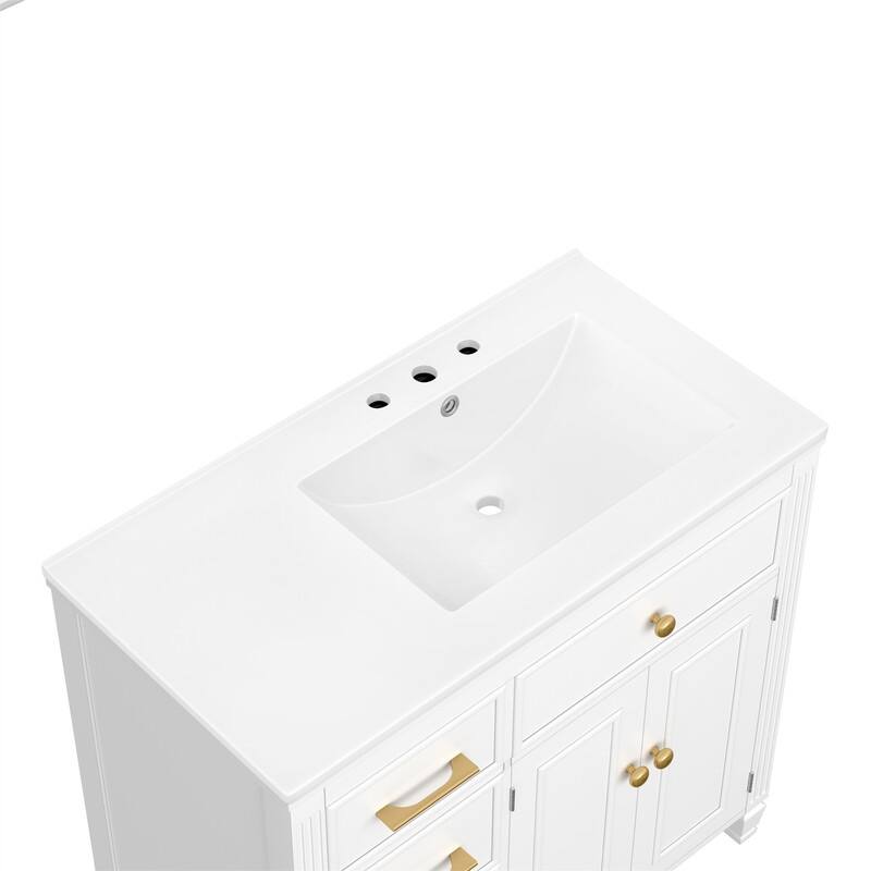 36" Bathroom Vanity w/ Ceramic Sink, Freestanding Bathroom Vanity Cabinet w/ 3 Side Drawers, 1 Tip-out Drawer & Adjustable Shelf