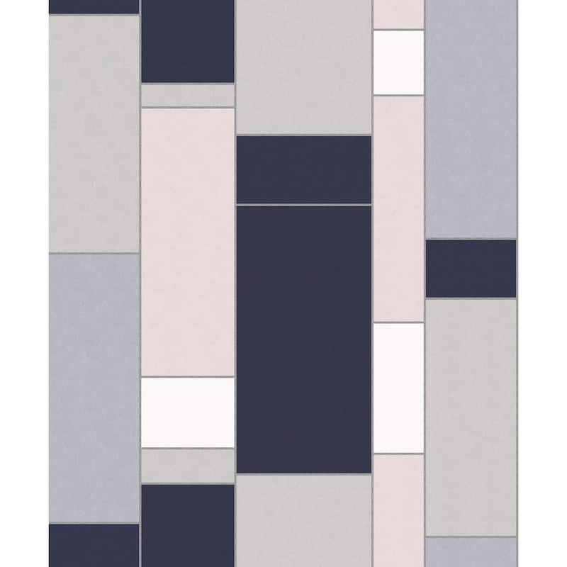 Harding, De Stijl Geometric 33' L X 20.5" W, Art Deco Wallpaper Roll - Indigo & Metallic Silver