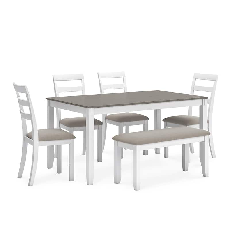 Signature Design by Ashley Stonehollow White and Gray Dining Table and Chairs with Bench (Set of 6)