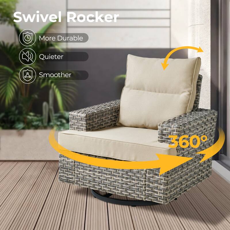 HOOOWOOO 9-piece Wicker Patio Furniture Swivel Rocking Chair Set with Fire Pit