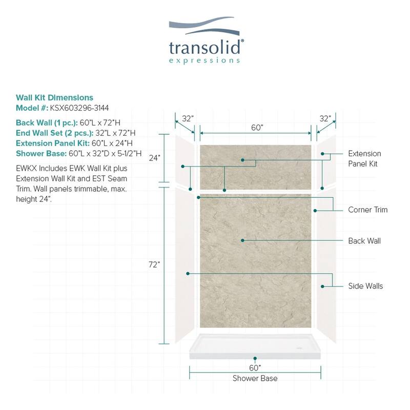 Transolid Expressions 60-in X 32-in X 96-in Glue to Wall Shower Kit - 32" x 60" x 96" - 32" x 60" x 96"