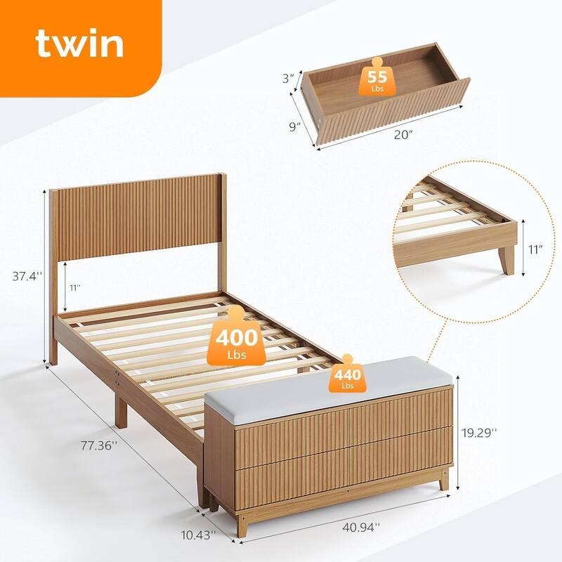 Natural Oak Wood Platform Bed Frame with Built-in Footboard Storage Bench,4 Drawers,Headboard,Heavy duty,No Box Spring Needed