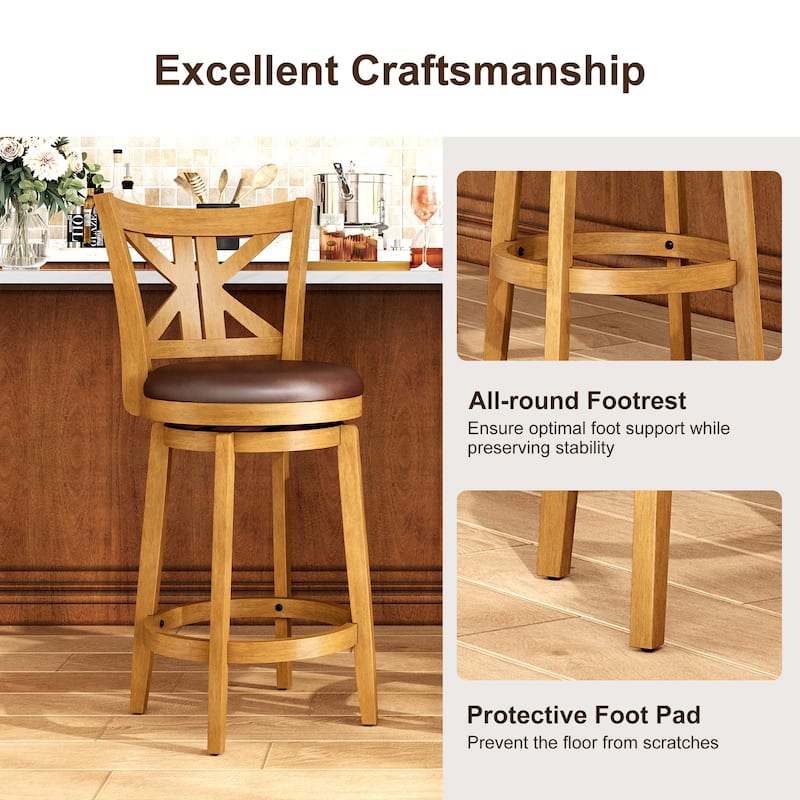 26"/30" Counter Height Bar Stools, Kitchen Wooden Swivel Bar Chairs with Back