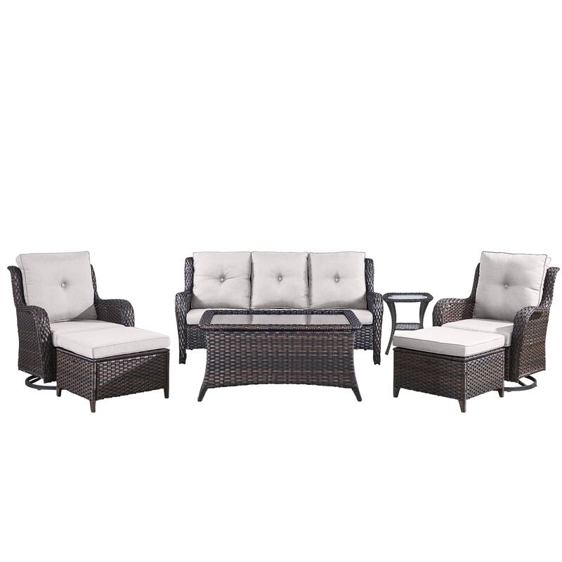 Pocassy Outdoor 7PCS 3-Seat Sofa Swivel Chairs Table Ottoman