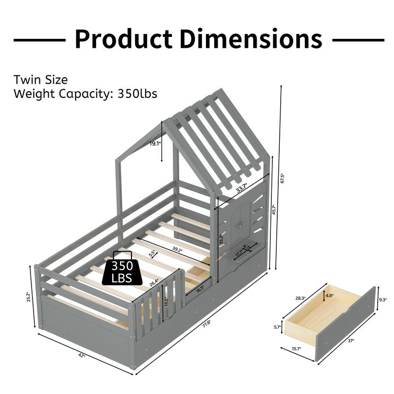 Twin Size House Bed With 2 Drawers and Guardrails