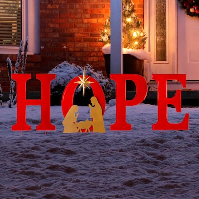Glitzhome 32"H Lighted Metal HOPE Sign Christmas Yard Stake Wall Decor with Timer (3 Functions) - Red