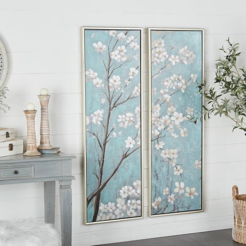 Canvas Floral Cherry Blossom Framed Wall Art with Silver Frame - Set of 2 Teal - Roche River Decor