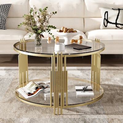 2-Tier Glass Coffee Table with Storage, 31.5" Modern Round Accent Table with Open Shelf, Metal Frame, Home Center Table