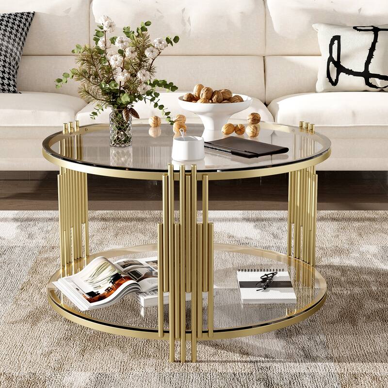 Modern Mirror Coffee Table, Asymmetrical Metal, Circular Metal Drum Base, Gold Finish & Lower Shelf - White