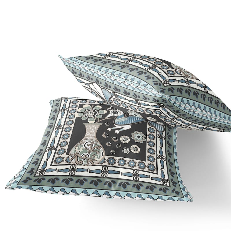 HomeRoots Set of Two 16" X 16" Black and Blue Peacock Blown Seam Floral Indoor Outdoor Throw Pillow - 16.00' X '16.00' X '5.00