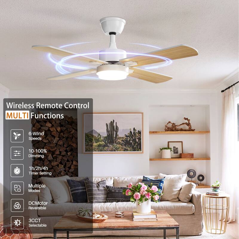 Modern Farmhouse Large Ceiling Fan with Integrated Light and Remote, Ceiling Fan with Timer and 6-speed Wind