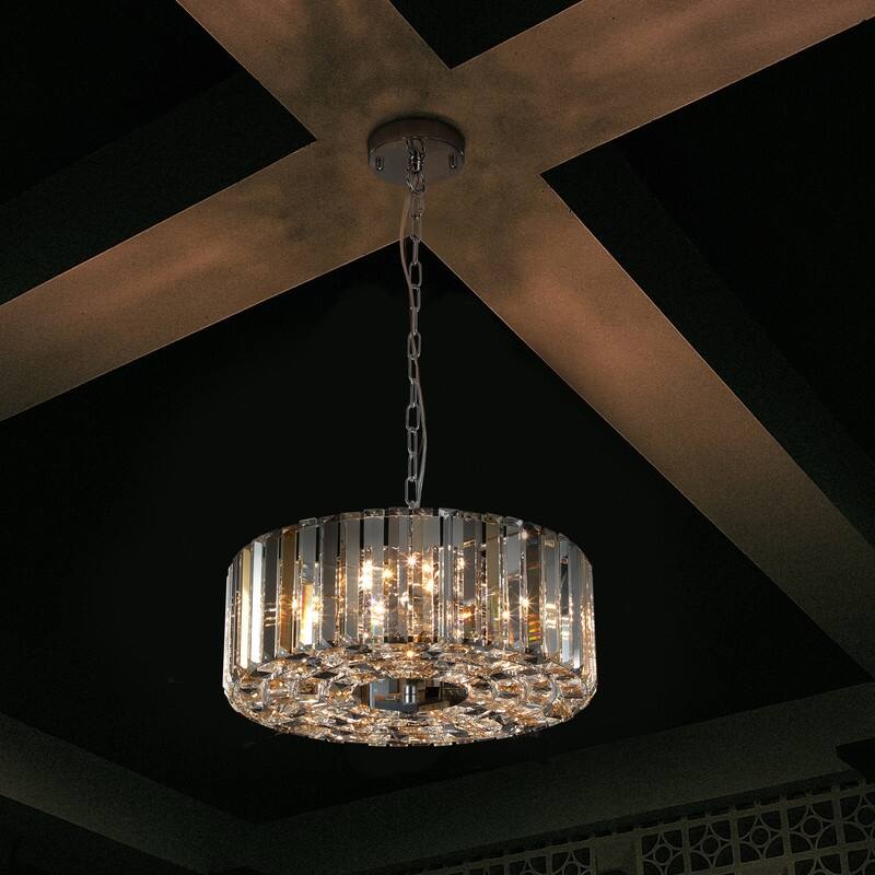 Modern 17" Chrome Crystal Pendant Chandelier, 4 - Light Adjustable E26 Hanging Light for Home (No Bulbs) - Transparent - Transparent