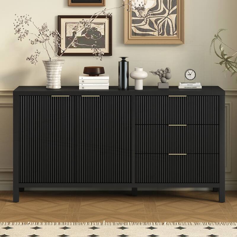 Minimalist Wave-Pattern Sideboard with Diverse Materials - Black