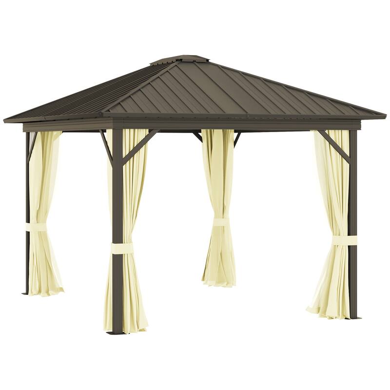 Outsunny 10' x 12' Outdoor Hardtop Gazebo Metal Roof Patio Gazebo with Aluminum Frame, Mesh Netting, Curtains, Brown
