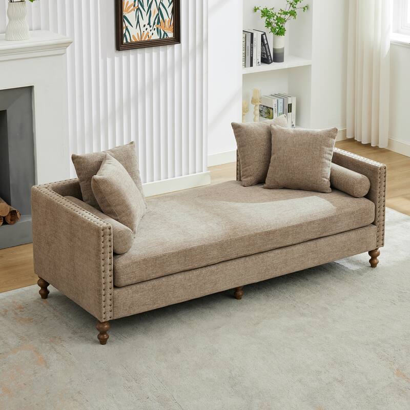 75.2"W Upholstered Chaise Lounge with Nailheads,Sleeper Sofa Couch With 4 Throw Pillows&2 Bolsters,Daybed with Rubberwood Legs