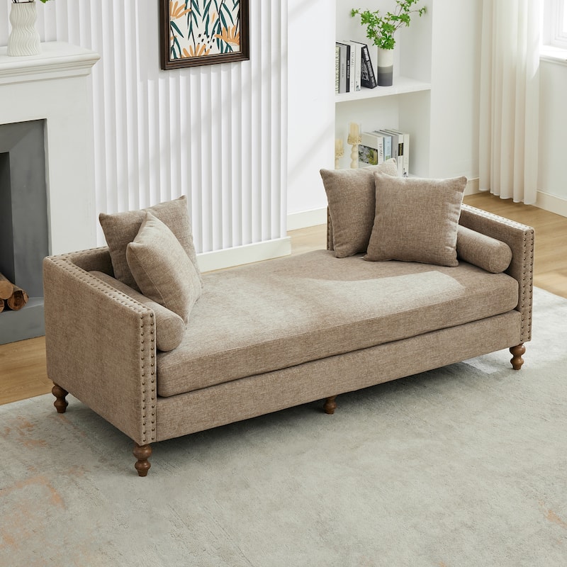 75.2"Wide Upholstered Chaise Lounge with Nailheads, Sleeper Sofa Couch With 4 Throw Pillows & 2 Bolsters, Rubberwood Legs