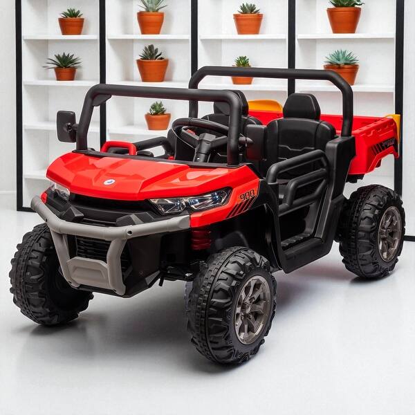 slide 2 of 34, 24V Two-Seater Ride-On Dump Truck with Remote Control, 2x200W Motor, Dump Bed/Shovel, Bluetooth, MP3 for Kids 3-8 Red