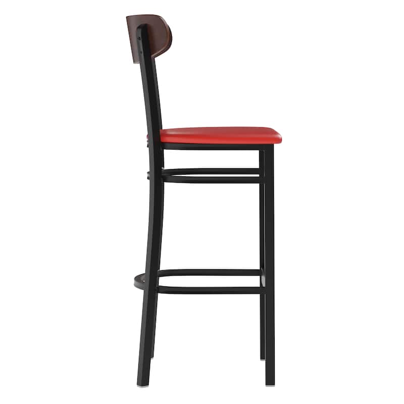Commercial Metal Barstool with Wood Seat and Boomerang Back