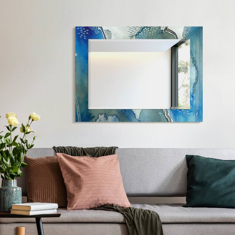 "Subtle Blue"Abstract Rectangular Beveled Wall Mirror on Free Floating Tempered Glass - Multi