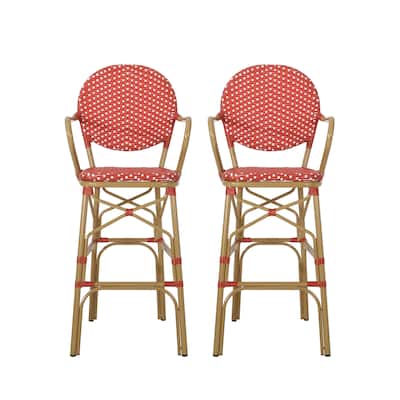 Lyam Set of 2 Outdoor Barstool Chair, Red Woven Wicker, Brown Aluminum