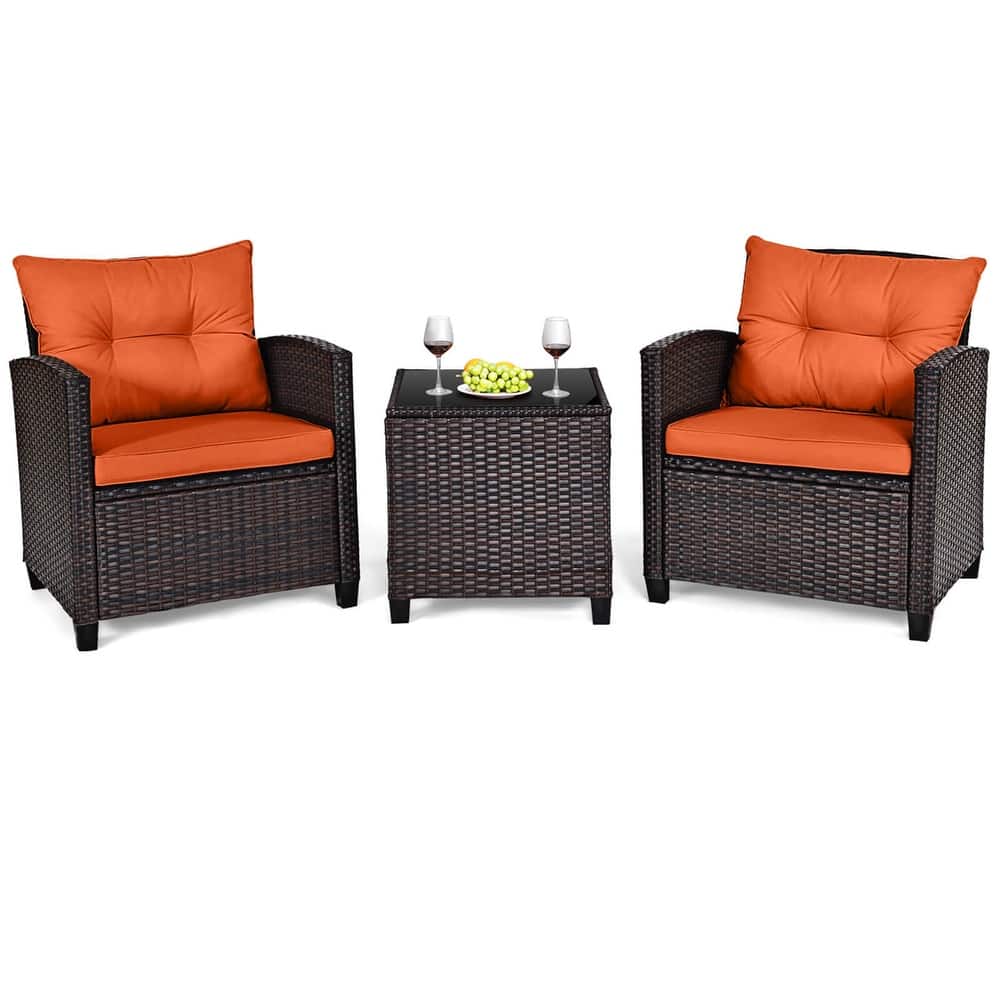 Gymax Set of 3 Rattan Furniture Set Patio Cushioned Conversation Set