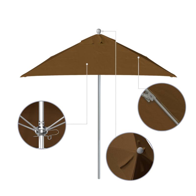 California Umbrella 6' Sq. Aluminum Frame, Fiberglass Rib Patio Umbrella, Push Open, Anodized Sliver Finish, Sunbrella Fabric