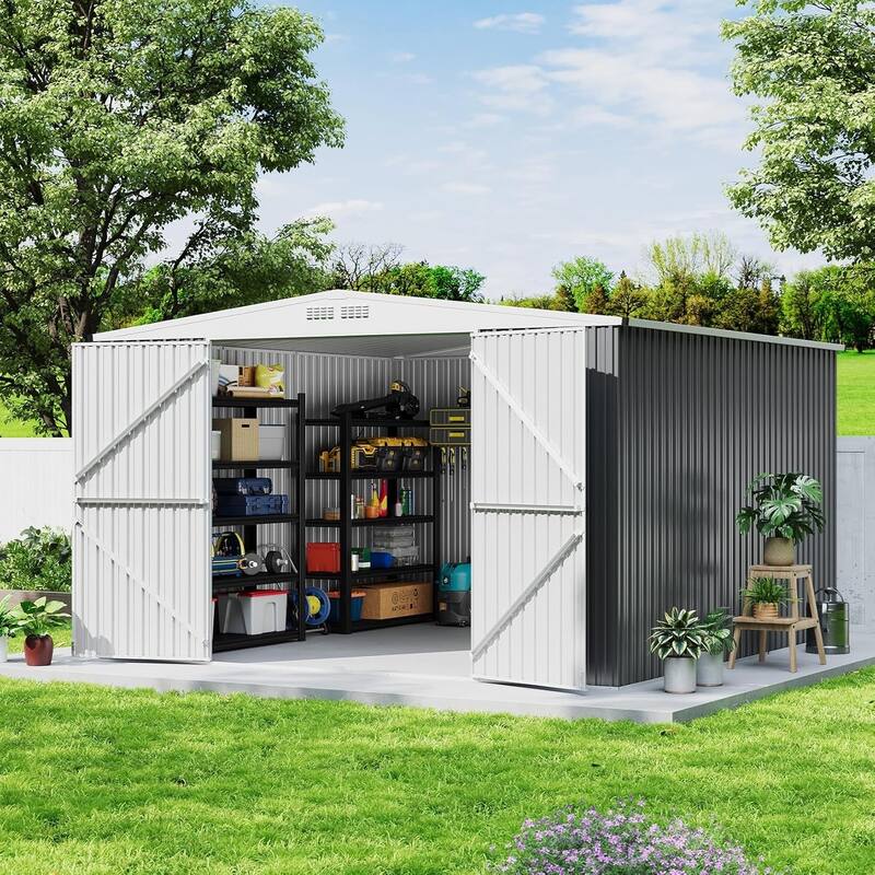 10x10FT Outdoor Metal Storage Shed Galvanized Steel Tool Sheds House with Lockable Doors & Air Vent, Large Utility Sheds - black