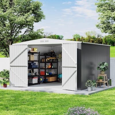 10x10FT Outdoor Metal Storage Shed Galvanized Steel Tool Sheds House with Lockable Doors & Air Vent, Large Utility Sheds
