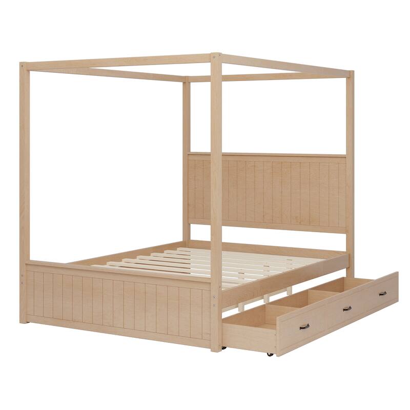 Queen Size Platform Canopy Bed with Trundle Bed and 3 Drawers Storage Bed, 4-post Solid Wood Bed Frame with Wingback Headboard
