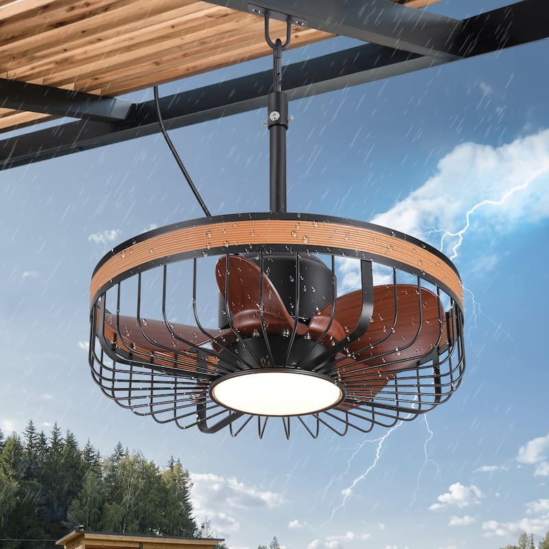 19" Waterproof Plug-in Outdoor Ceiling Fan with Light and Remote(5-Blade) - Black + Wood Grain Rim