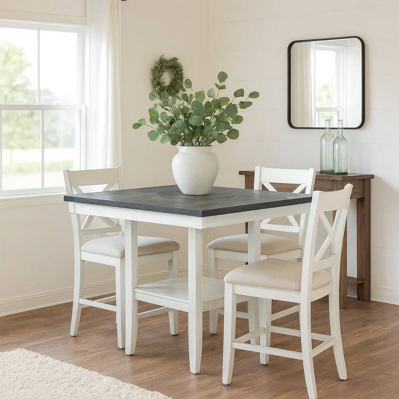 Counter Height Table with Wooden Open Shelf, White and Gray