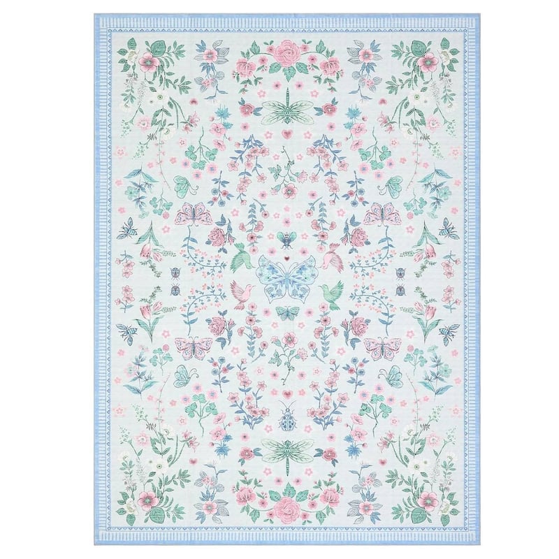 Modern Floral Machine Washable Indoor Waterproof Area Rug for Bedroom, Living Room, Blue - 2' x 3'