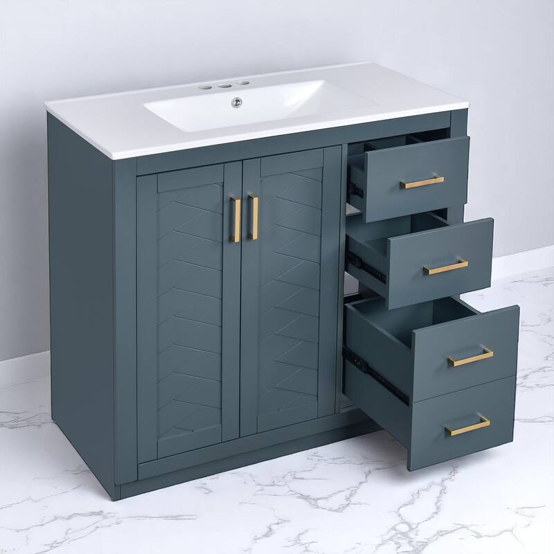 36" Indigo Bathroom Vanity with Sink - Solid Wood Frame, 3 Drawers, 2 Doors, Ceramic Basin, Soft-Close Hardware, Storage Cabinet