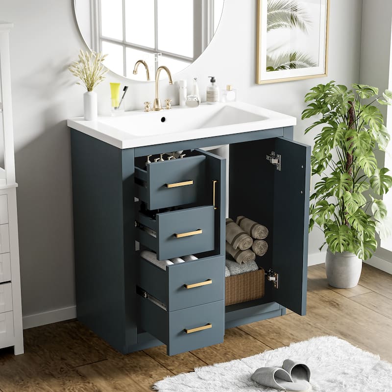 GDFStudio - Montvale Modern Freestanding Bathroom Vanity with Ceramic Sink and 3 Storage Drawers & Soft Closing Doors - 30'W