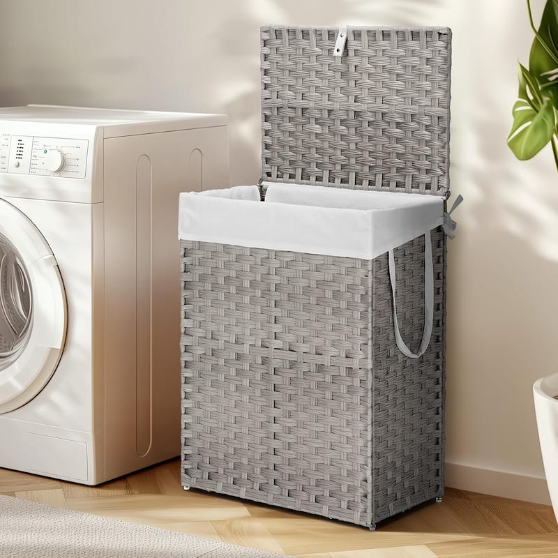 Laundry Hamper with Lid, Synthetic Rattan Clothes Laundry Basket with Lid and Handles, Foldable, Removable Liner - Grey - 90L