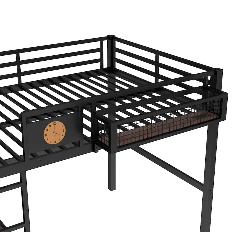 Metal Loft Bed with Desk & Storage Basket, Includes Alarm Clock & Charging Port, Queen/Full/Twin XL